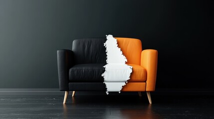 Aufkleber - A striking black and orange armchair split in half, showcasing a creative design against a dark backdrop, representing contrast and modern art aesthetics.