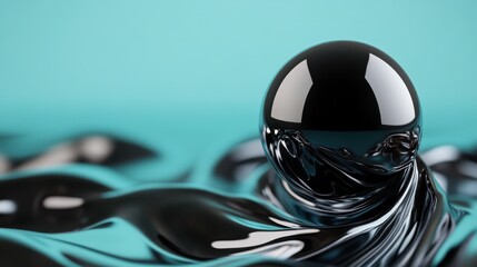 Poster - An abstract, glossy black sphere sits majestically on a dramatically flowing silky surface, reflecting light and embodying modern artistic experimentation.