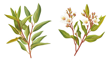 Poster - Botanical Illustrations of Leaves and Flowers on Clear Background Generative AI
