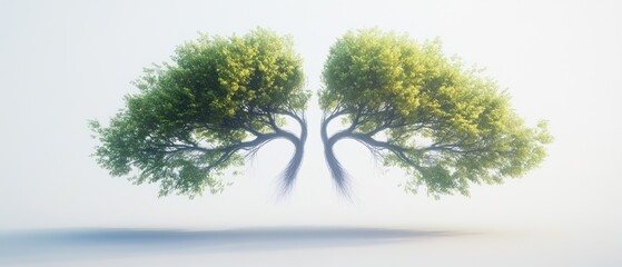 two trees with leafy branches reaching toward each other on a misty background.