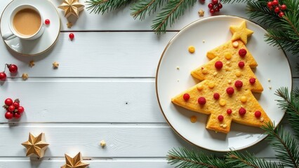 Christmas tree golden cakes on a white empty wooden table, top view