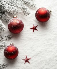 Wall Mural - Snow-covered Christmas tree branches adorned with red ornaments, creating festive holiday scene.