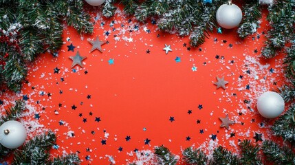 Red background featuring white and blue stars, creating patriotic or festive theme.