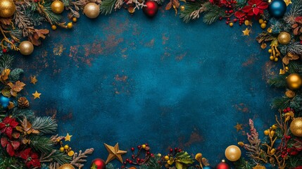 blue background featuring christmas wreath adorned with festive decorations, capturing holiday spiri