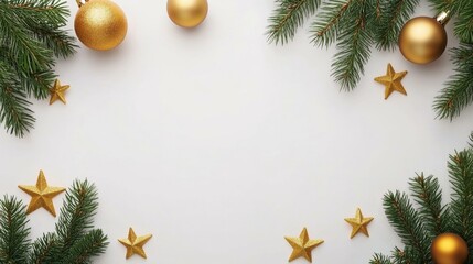 Wall Mural - Christmas tree branches adorned with golden ornaments, shimmering stars, festive holiday decor.