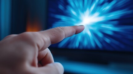 Wall Mural - Finger reaching towards a bright, abstract light on a screen, symbolizing connection, AI