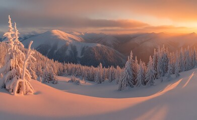 Wall Mural - Landscape of the winter mountains at sunrise.