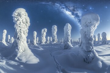 Wall Mural - An enchanting winter scene with a snow-covered tree and a frozen lake on the front.