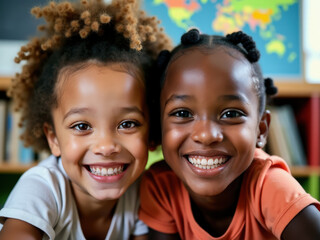 Two cheerful black little girls smiling warmly in a classroom, showing friendship and happiness. The bright and vibrant atmosphere highlights childhood and carefreeness