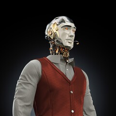 Futuristic humanoid robot with mechanical design in an elegant outfit, featuring a chrome head and complex circuitry against a dark background, representing artificial intelligence technology