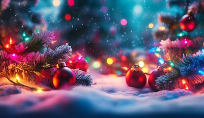 Wall Mural - An image of fresh snow and mountains in a Christmas banner with fir trees as a background
