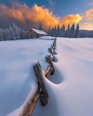 Wall Mural - Landscape with wooden house in snowy mountains. Christmas holiday concept. Mountains of the Carpathians, Ukraine, Europe.