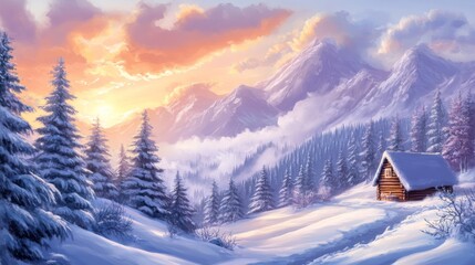 Wall Mural - An amazing winter landscape with a wooden house in the snowy mountains in a foggy sunset sky. Winter and Christmas holidays concept.