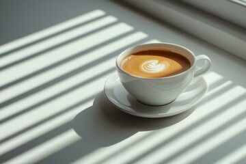 Poster - A tranquil cup of coffee rests on a white table in sunlight with soft shadows casting around