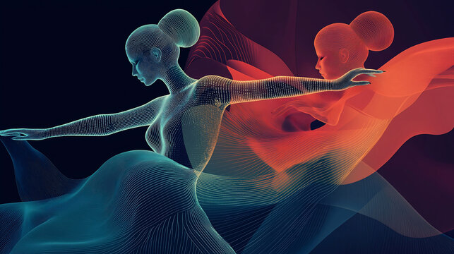 This artwork represents a vibrant blend of traditional dance, featuring flowing movements and colorful patterns that capture the essence of performance art in a modern style