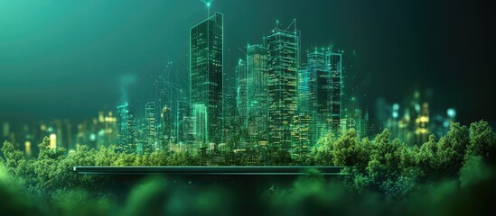 Poster - A glowing green city skyline rises out of a tablet surrounded by green foliage.