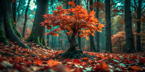 a small maple tree with vibrant orange leaves grows out of the forest floor, covered in fallen leave
