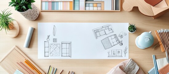 top view of a wooden desk with a hand-drawn floor plan, pencils, and plants.