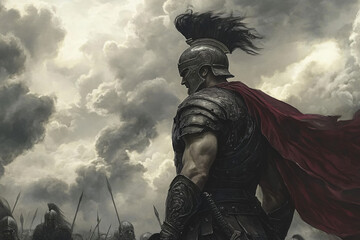 a heavily armored Spartan warrior viewed from below against gathering storm clouds