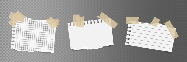 Poster - Set of torn notebook paper pieces taped with sticky tape. Realistic ripped notepad page. Template for handmade Collage, poster, graphic, social media Design
