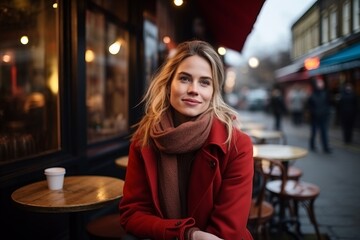 Portrait of a beautiful young woman in a red coat sitting in a cafe