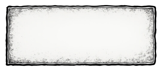 Vintage comic book panel: rectangular frame with rough distressed edges. Clean white interior space, hand-drawn black borders and weathered corners. Classic graphic novel aesthetic. Monochromatic.
