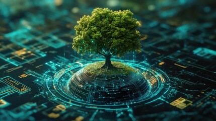 Poster - A lone tree growing from a glowing orb in a digital landscape.