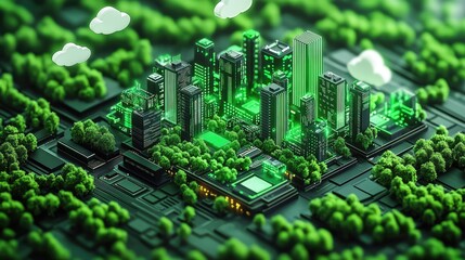 Poster - A futuristic green city with skyscrapers and trees growing on a computer circuit board, representing sustainability and technology.