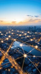 Poster - An urban night view highlights a digital network concept, illustrating connections across a vibrant cityscape filled with lights
