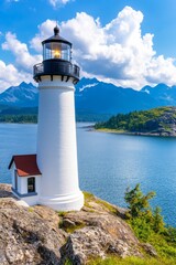 Poster - A white lighthouse sitting on top of a rocky hillside