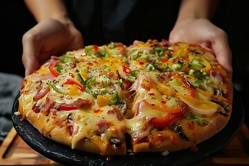 Fresh pizza on black board held by hands, melted cheese, herbs, close-up of vibrant toppings