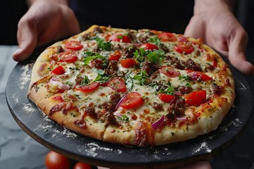 Fresh pizza on black board held by hands, melted cheese, herbs, close-up of vibrant toppings