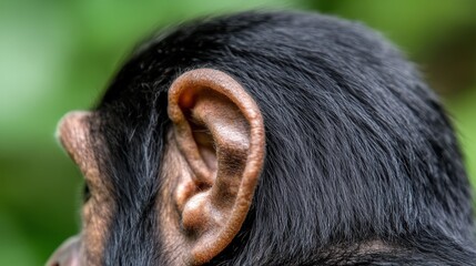  A close up of a chimpanzee's ear with a green background