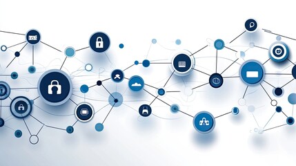 Poster - A flat world map features blue network connections on a textured grey background, emphasizing global communication and connectivity