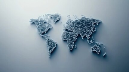 Poster - A flat world map features blue network connections on a textured grey background, emphasizing global communication and connectivity