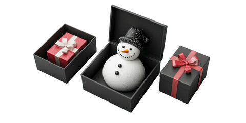 Wall Mural - set of black box with include snowman isolated on transparent background, png elements collection.