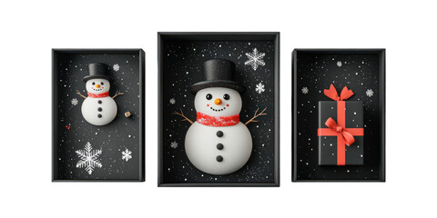 Wall Mural - set of black box with include snowman isolated on transparent background, png elements collection.