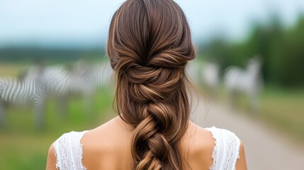 Poster - A woman with long hair in a fishtail braid standing in front of zebras