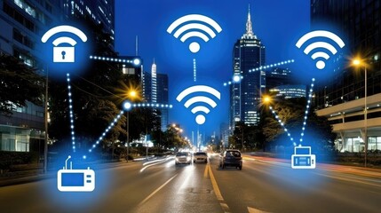 Poster - an illustration displays digital connections layered over a cityscape backdrop, emphasizing smart ne
