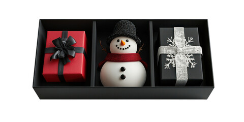 Wall Mural - set of black box with include snowman isolated on transparent background, png elements collection.