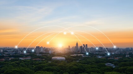 Poster - An illustration displays digital connections layered over a cityscape backdrop, emphasizing smart network technology under an evening sky