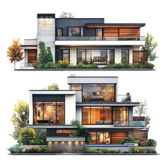 Wall Mural - set of modern house isolated on transparent background, png elements collection.