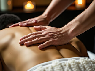 Hands provide a soothing massage on a person's back, surrounded by a calming candlelit atmosphere, creating a perfect setting for relaxation and stress relief.