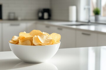 Bowl of Crispy Golden Potato Chips on Kitchen Counter Illuminated by Sunlight Inviting Snack Time Concept