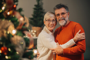 Wall Mural - Senior couple embracing in front of christmas tree