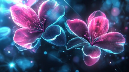 Two glowing pink and blue flowers with sparkles in the dark.