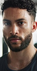 Canvas Print - Face, sweating and man with exercise, closeup and confidence with workout routine. Portrait, person and athlete with training, wet and challenge with endurance, fitness and wellness with healthy guy