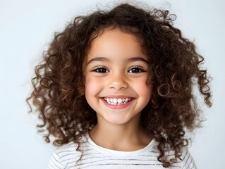 Smiling girl with curly hair joyfully on white studio background