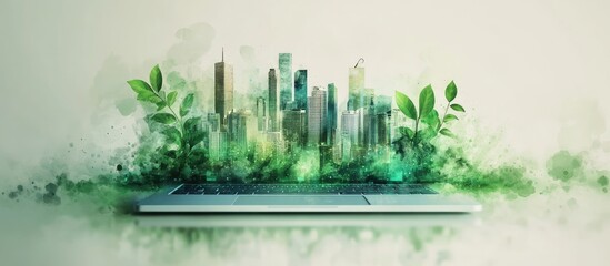 Poster - Green city skyline emerging from a laptop computer with watercolor effect.
