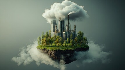 Poster - A futuristic city with a factory emitting smoke, surrounded by green trees, floating on a cloud.